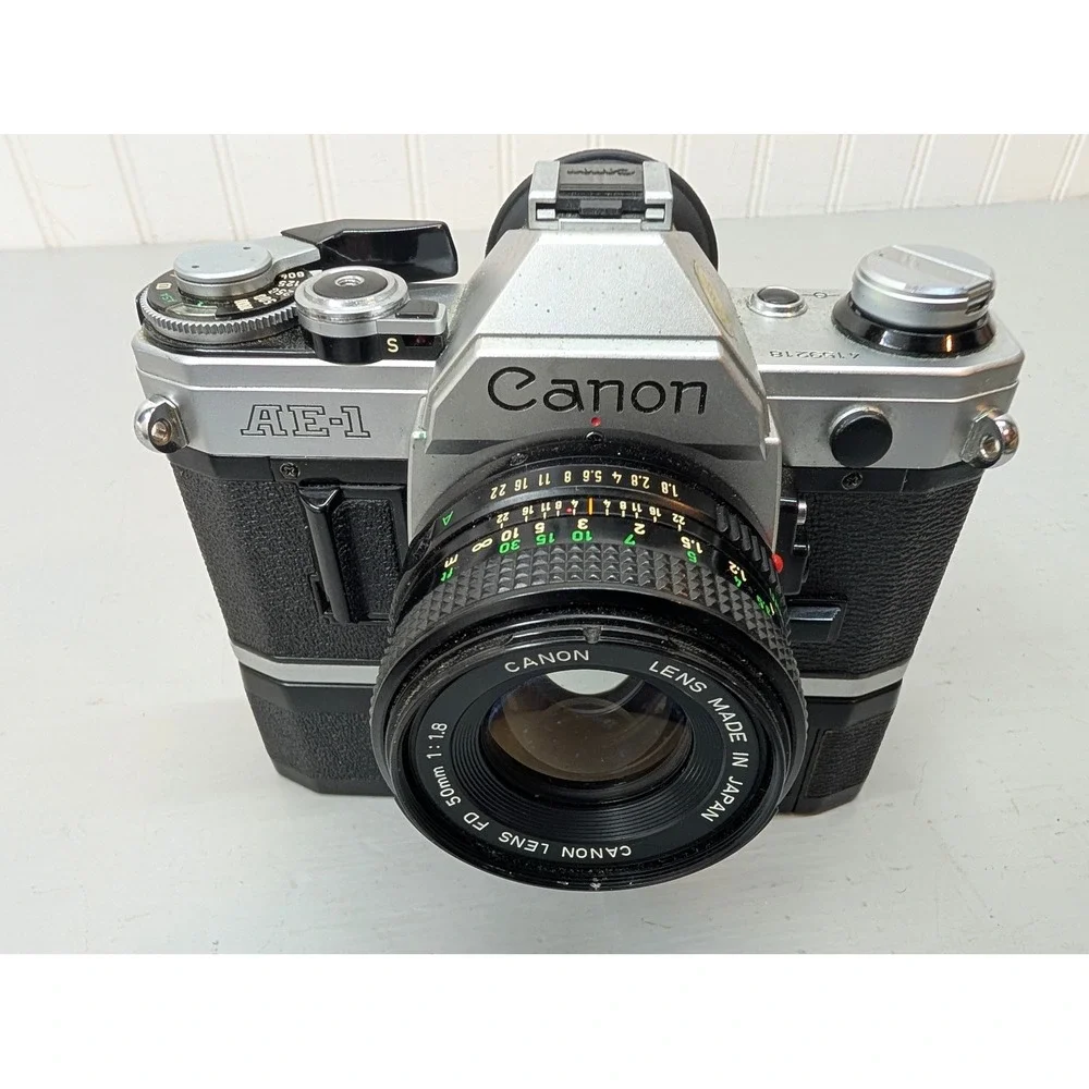 Canon AE-1 35mm Camera w/ FD‎ 50mm 1:1.8 Lens + Power Winder Lens Speedlite 155A